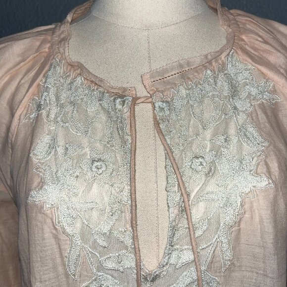 FREE PEOPLE Peach & Lace Peasant Top Long Sleeve Balloon Sleeves - Boho -EUC -XS - Picture 2 of 12